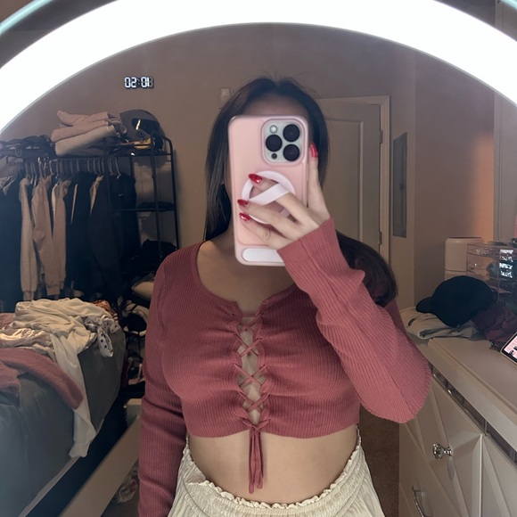 Women's Lace-Up Ribbed Top - Rust - Picture 2 of 2